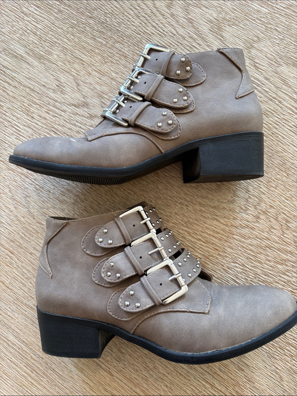 R2 Taupe Studded Silver Triple-Buckle Ankle Booties